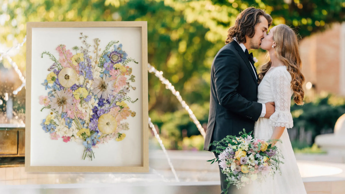 Preserved and framed wedding bouquet pressed by The Petal Press
